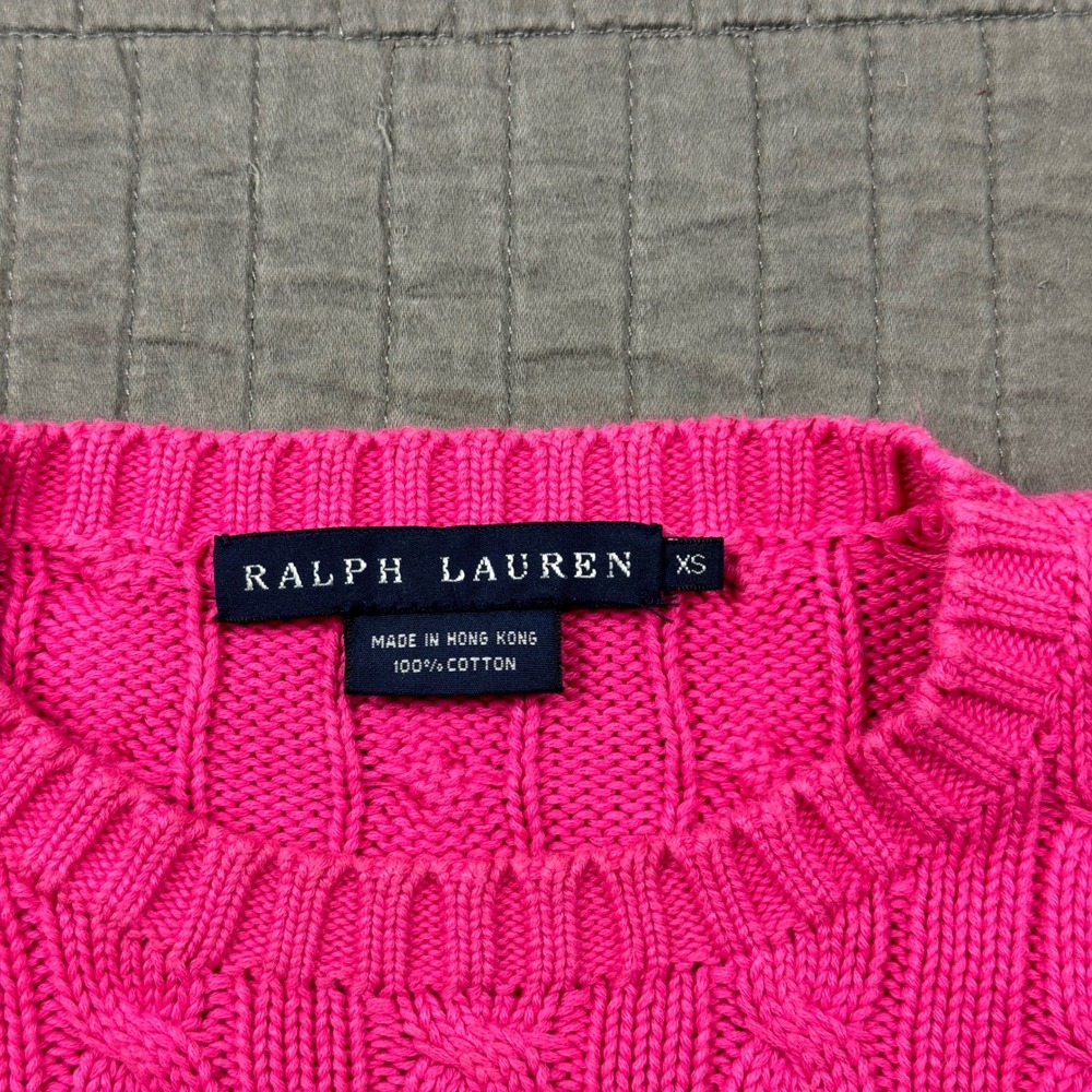 Vintage Ralph Lauren Women XS Hot Pink Cable Knit Crewneck Sweater Preppy Pony - Picture 5 of 8